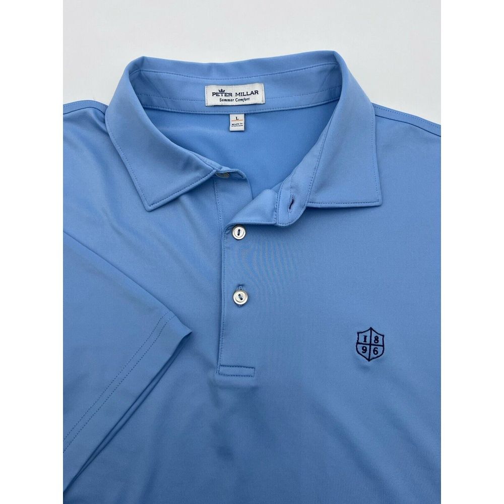 PETER MILLAR Summer Comfort L Large Polo Golf‎ Shirt Light Blue Solid w/ Logos